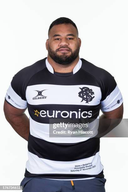 Taniela Tupou of the Barbarians poses for a portrait during the Barbarians squad photocall at Hilton Hotel Cardiff on October 31, 2023 in Cardiff,...