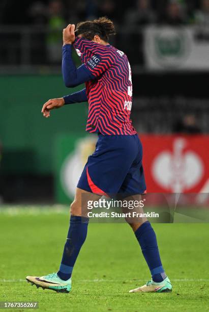 Yussuf Poulsen of RB Leipzig reacts after being shown a red card during the DFB cup second round match between VfL Wolfsburg and RB Leipzig at...