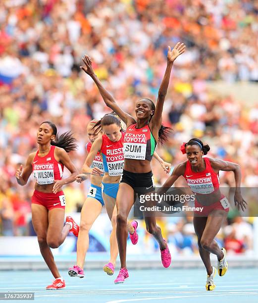 Alysia Johnson Montano of the United States falls over at the line AS Eunice Jepkoech Sum of Kenya crosses the line to win gold in the Women's 800...