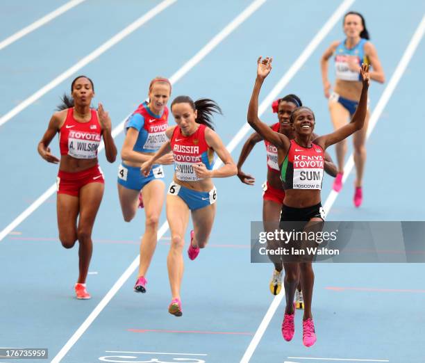 Eunice Jepkoech Sum of Kenya crosses the line to win gold ahead of Mariya Savinova of Russia in the Women's 800 metres final during Day Nine of the...