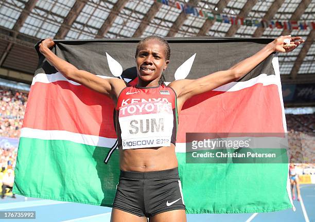 Eunice Jepkoech Sum of Kenya celebrates winning gold in the Women's 800 metres during Day Nine of the 14th IAAF World Athletics Championships Moscow...