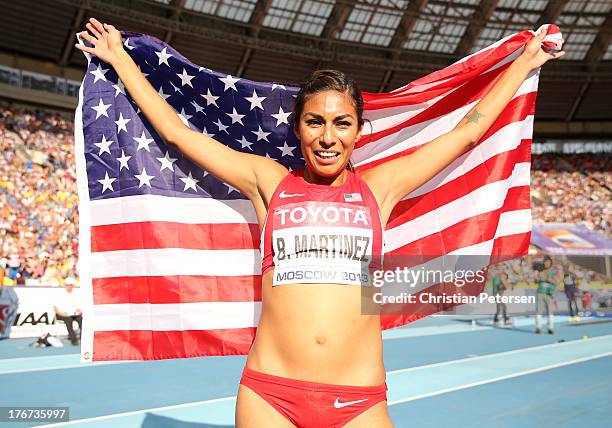 Brenda Martinez of the United States celebrates winning bronze in the Women's 800 metres during Day Nine of the 14th IAAF World Athletics...