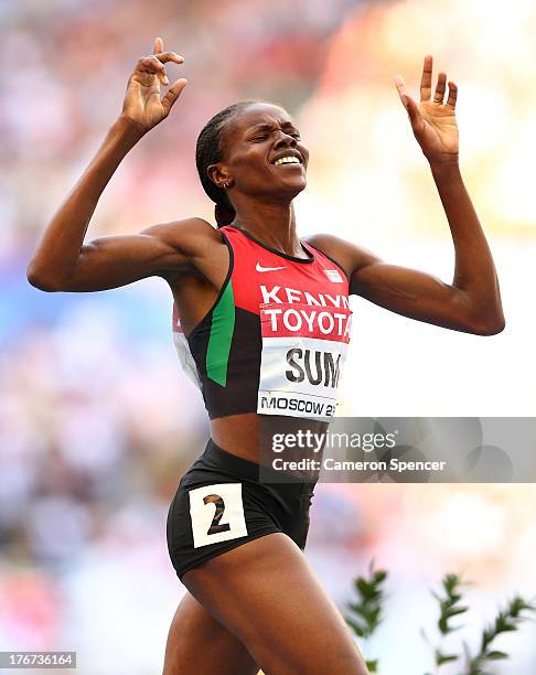 Asbel Kiprop of Kenya celebrates winning gold in the Men's 1500 metres final during Day Nine of the 14th IAAF World Athletics Championships Moscow...