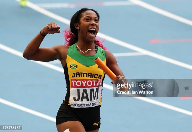 Shelly-Ann Fraser-Pryce of Jamaica celebrates winning gold the Women's 4x100 metres final during Day Nine of the 14th IAAF World Athletics...