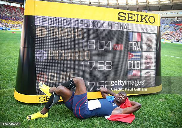 Gold medalist Teddy Tamgho of France poses after the Men's Triple Jump Final during Day Nine of the 14th IAAF World Athletics Championships Moscow...