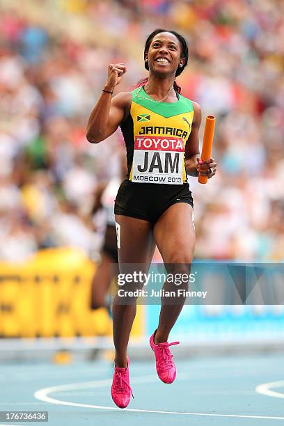 Shelly-Ann Fraser-Pryce of Jamaica celebrates winning gold the Women's 4x100 metres final during Day Nine of the 14th IAAF World Athletics...