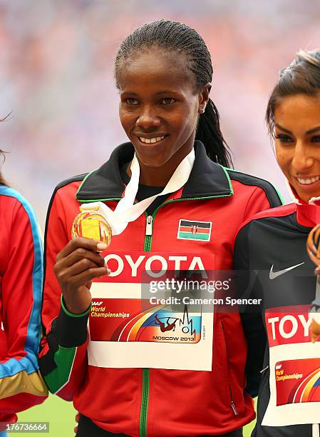 Gold medalist Eunice Jepkoech Sum of Kenya on the podium during the medal ceremony for the Women's 800 metres during Day Nine of the 14th IAAF World...