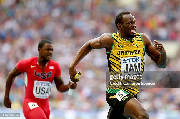 Usain Bolt of Jamaica competes in the Men's 4x100 metres final during Day Nine of the 14th IAAF World Athletics Championships Moscow 2013 at Luzhniki...