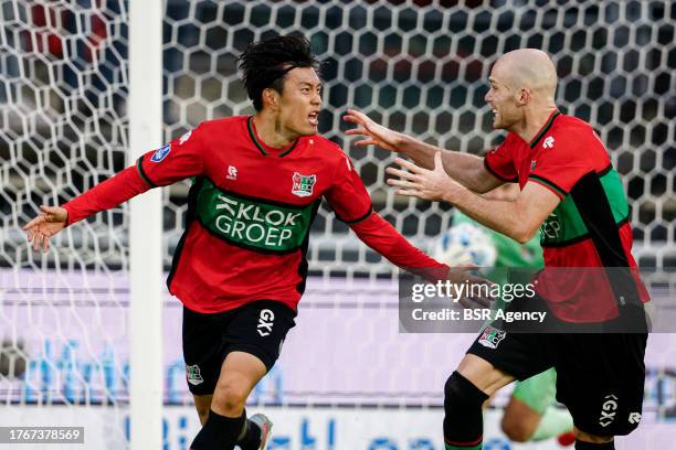 Lars Olden Larsen of NEC celebrates after scoring his teams third goal, Bram Nuytinck of NEC during the Dutch Eredivisie match between NEC and FC...