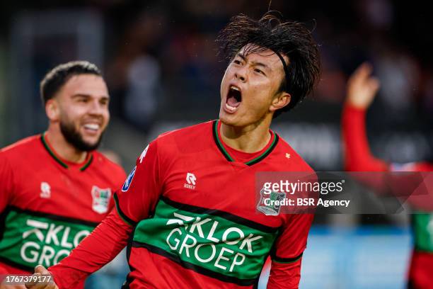 Koki Ogawa of NEC celebrates after scoring his teams third goal during the Dutch Eredivisie match between NEC and FC Volendam at Goffertstadion on...