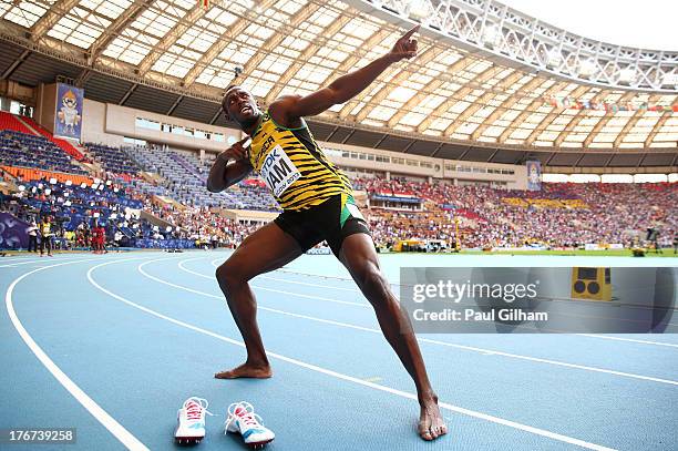 Usain Bolt of Jamaica celebrates winning gold in the Men's 4x100 metres final during Day Nine of the 14th IAAF World Athletics Championships Moscow...