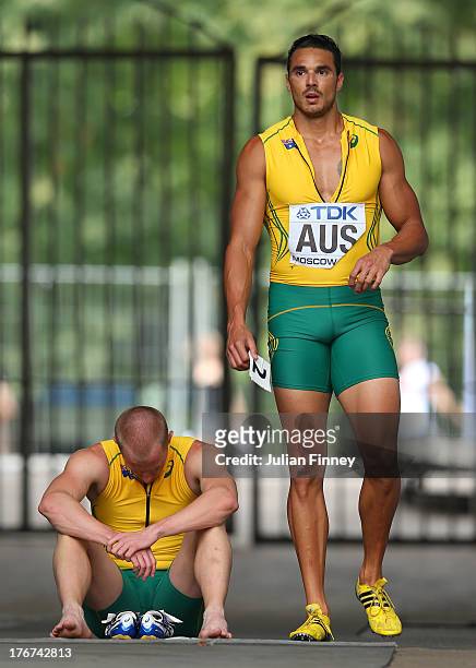 Joshua Ross and Andrew McCabe of Australia look despondent as they fail to finish their Men's 4x100 metres heat during Day Nine of the 14th IAAF...