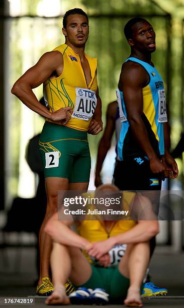 Joshua Ross and Andrew McCabe of Australia look despondent as they fail to finish their Men's 4x100 metres heat during Day Nine of the 14th IAAF...