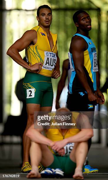 Joshua Ross and Andrew McCabe of Australia look despondent as they fail to finish their Men's 4x100 metres heat during Day Nine of the 14th IAAF...