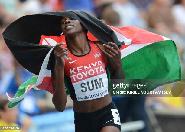 Kenya's Eunice Jepkoech Sum celebrates after winning the women's 800 metres final at the 2013 IAAF World Championships at the Luzhniki stadium in...