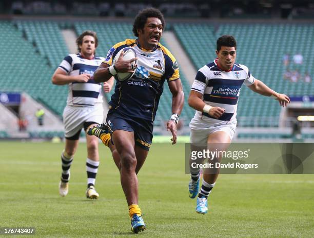 Henry Speight of the Brumbies breaks clear to score the match winning try against Auckland to win the World Club 7's Cup during the World Club 7's at...