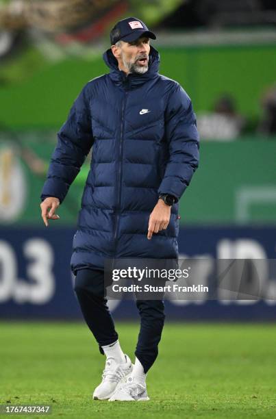 Marco Rose, Head Coach of RB Leipzig, reacts after the DFB cup second round match between VfL Wolfsburg and RB Leipzig at Volkswagen Arena on October...