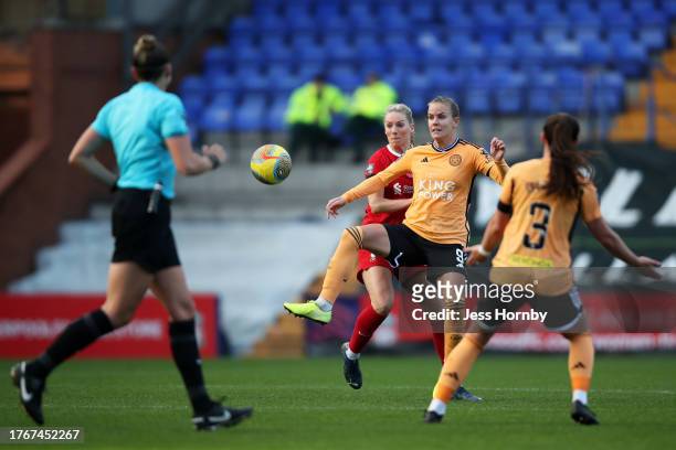 Lena Petermann of Leicester City controls the ball whilst under pressure from Gemma Bonner of Liverpool during the Barclays Women´s Super League...