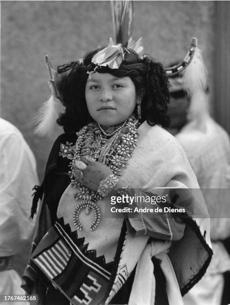 Portrait of a girl, in ceremonial Hopi dress, Arizona, mid twentieth century.