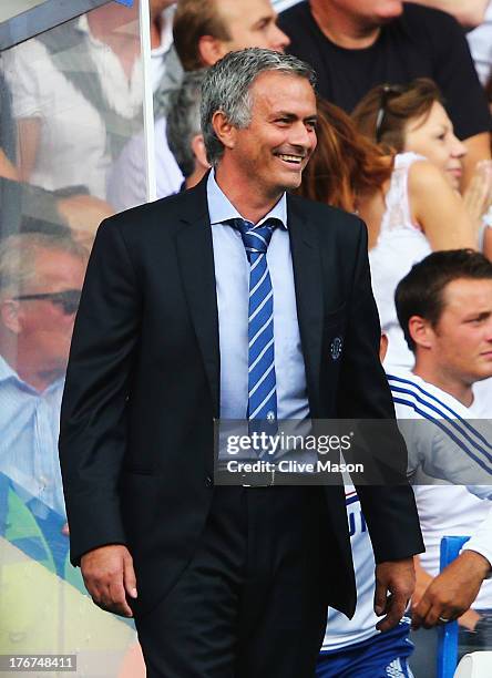 Chelsea manager Jose Mourinho smiles during the Barclays Premier League match between Chelsea and Hull City at Stamford Bridge on August 18, 2013 in...