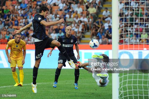 Andrea Ranocchia of FC Internazionale Milano scores their fourth goal during the TIM cup match between FC Internazionale Milano and AS Cittadella at...