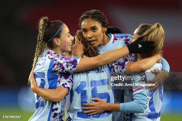 Maite Oroz Areta of Spain celebrates with team mates after scoring the team's seventh goal during the UEFA Women's Nations League match between...