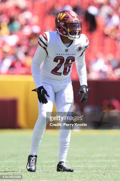 Corn Elder of the Washington Commanders in coverage against the Carolina Panthers during a game at FedEx Field on August 13, 2022 in Landover,...