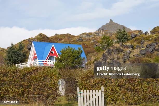 house in mountains with white picket fence gate, snaefellsnes peninsula, iceland - white picket gate stock pictures, royalty-free photos & images