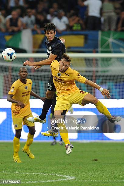 Andrea Ranocchia of FC Internazionale Milano goes up with Leonardo Perez of AS Cittadella during the TIM cup match between FC Internazionale Milano...