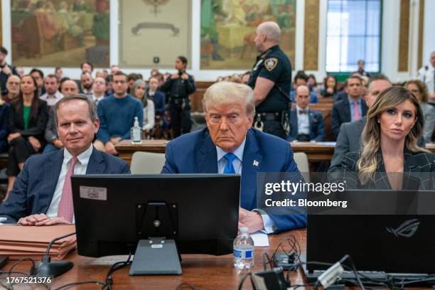 Former US President Donald Trump, center, during a trial at New York State Supreme Court in New York, US, on Monday, Nov. 6, 2023. Former US...