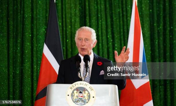 King Charles III gives a speech at a State Banquet hosted by President Ruto at State House, along with distinguished guests from Kenya and the United...