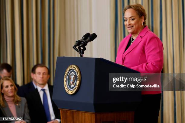 Jo Ann Jenkins delivers remarks about retirement security during an event with U.S. President Joe Biden in the State Dining Room at the White House...