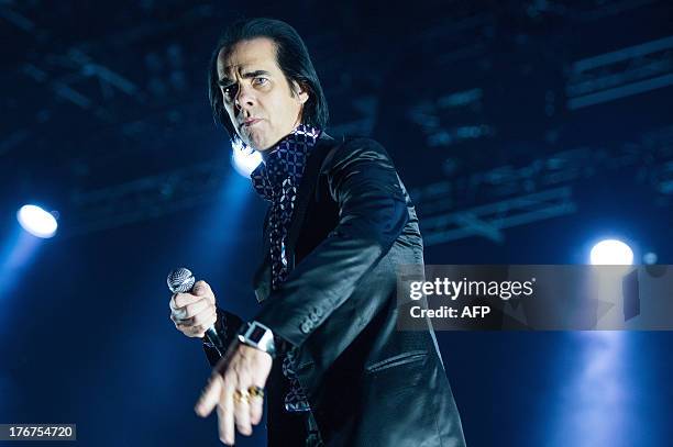 Australian singer and musician Nick Cave and the Bad Seeds perform on stage on the last day of the Lowlands music festival in Biddinghuizen, on...