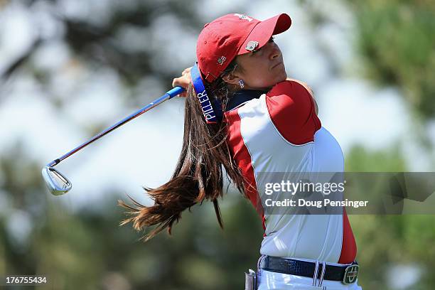 Gerina Piller of the United States Team hits her tee shot on the second hole during the final day singles matches of the 2013 Solheim Cup on August...