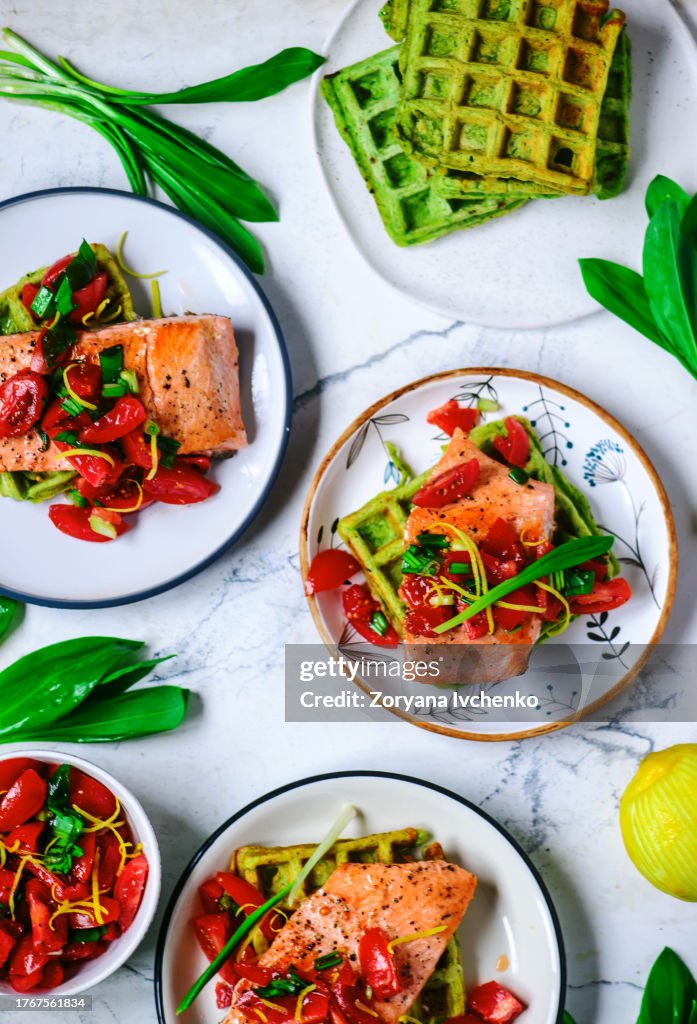 Waffles with wild garlic and salmon