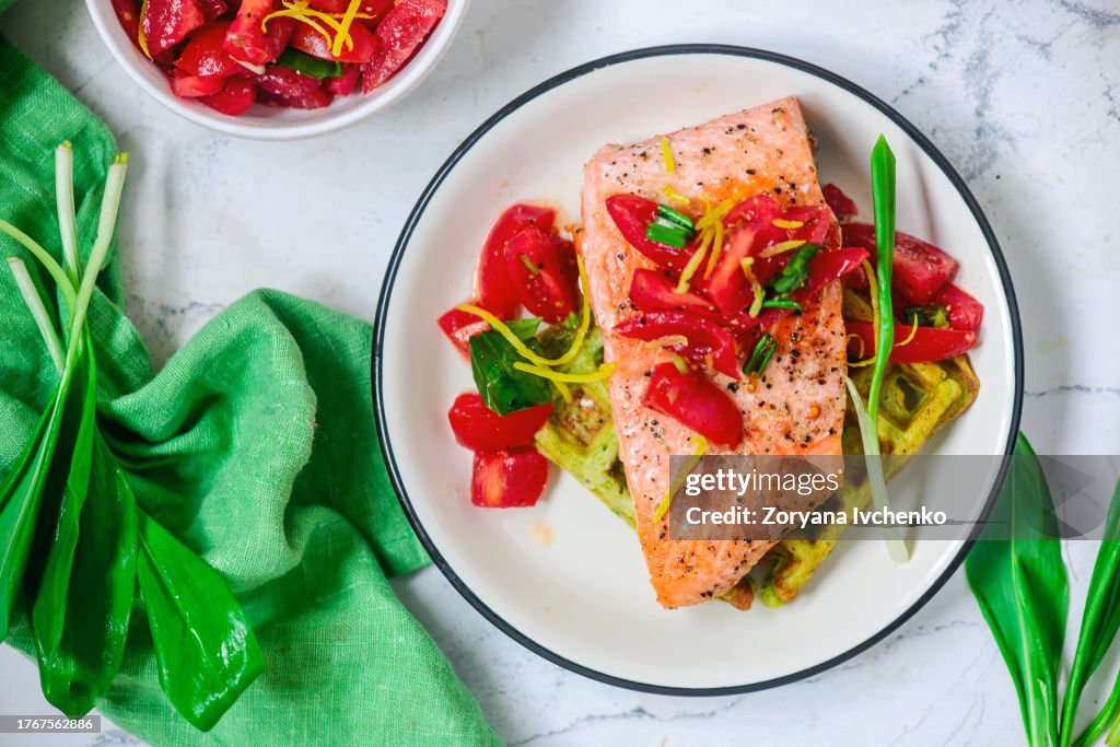 Waffles with wild garlic and salmon