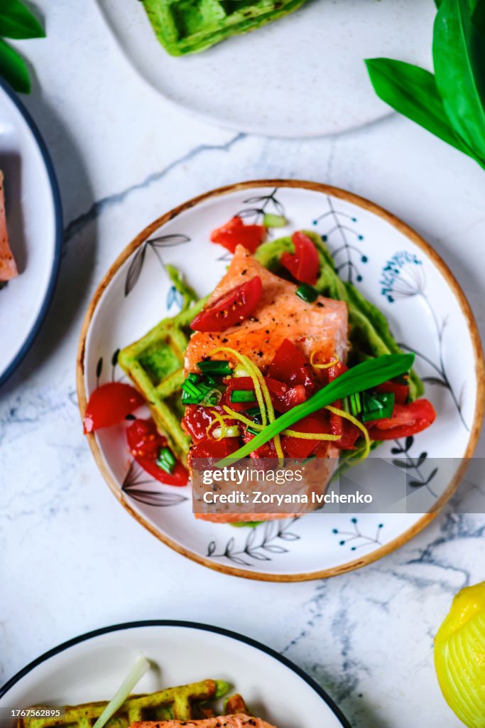 Waffles with wild garlic and salmon