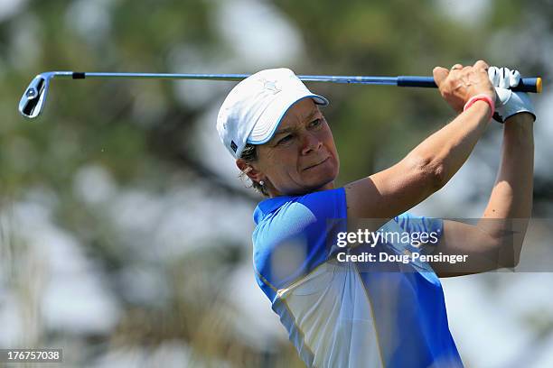 Catroina Matthew of Scotland and the European Team hits her tee shot on the second hole during the final day singles matches of the 2013 Solheim Cup...