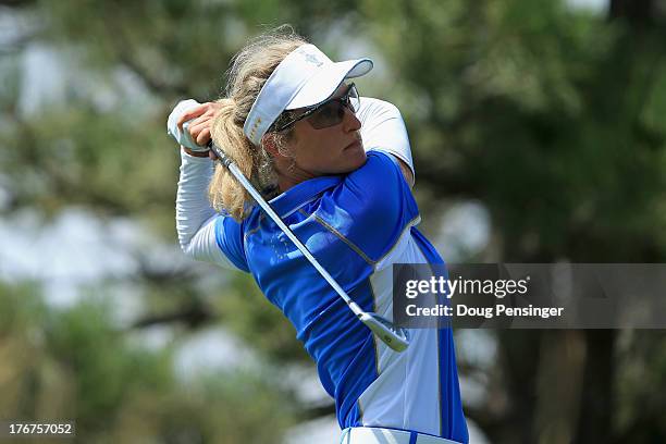 Giulia Sergas of Italy and the European Team hits her tee shot on the second hole during the final day singles matches of the 2013 Solheim Cup on...