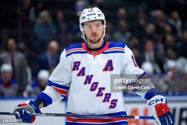 Artemi Panarin of the New York Rangers waits for a face-off during the second period of their NHL game against the Vancouver Canucks at Rogers Arena...