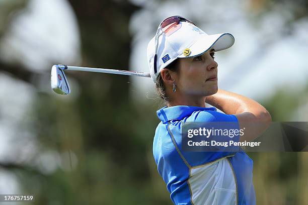 Beatriz Recari of Spain and the European Team hits her tee shot on the second hole during the final day singles matches of the 2013 Solheim Cup on...