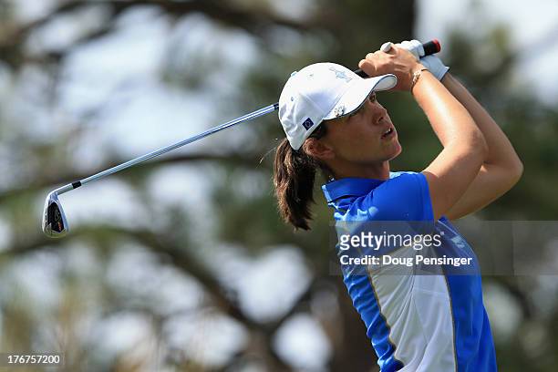 Karine Icher of France and the European Team takes her tee shot on the second hole during the final day singles matches of the 2013 Solheim Cup on...