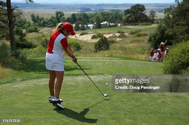 Cristie Kerr of the United States Team takes her tee shot on the third hole during the final day singles matches of the 2013 Solheim Cup on August...