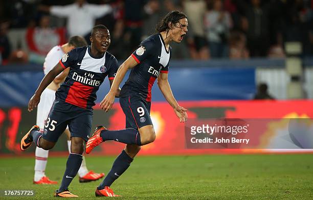 Edinson Cavani of PSG celebrates his goal during the Ligue 1 match between Paris Saint Germain FC and AC Ajaccio at the Parc des Princes stadium on...