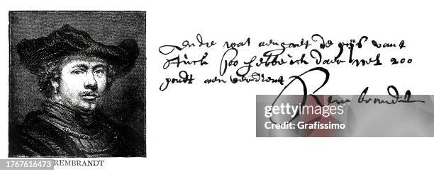 ilustraciones, imágenes clip art, dibujos animados e iconos de stock de retrato de pintor holandés de rembrandt con texto manuscrito y firma - rembrandt