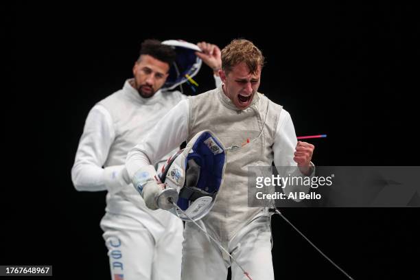Nick Itkin of Team USA celebrates the victory against Miles Chamley-Watson of Team USA during the Fencing - Men’s Foil Individual Semifinal at Parque...