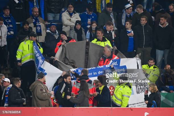 Overtime to start later due to medical emergency during the DFB cup second round match between DSC Arminia Bielefeld and Hamburger SV at Schueco...