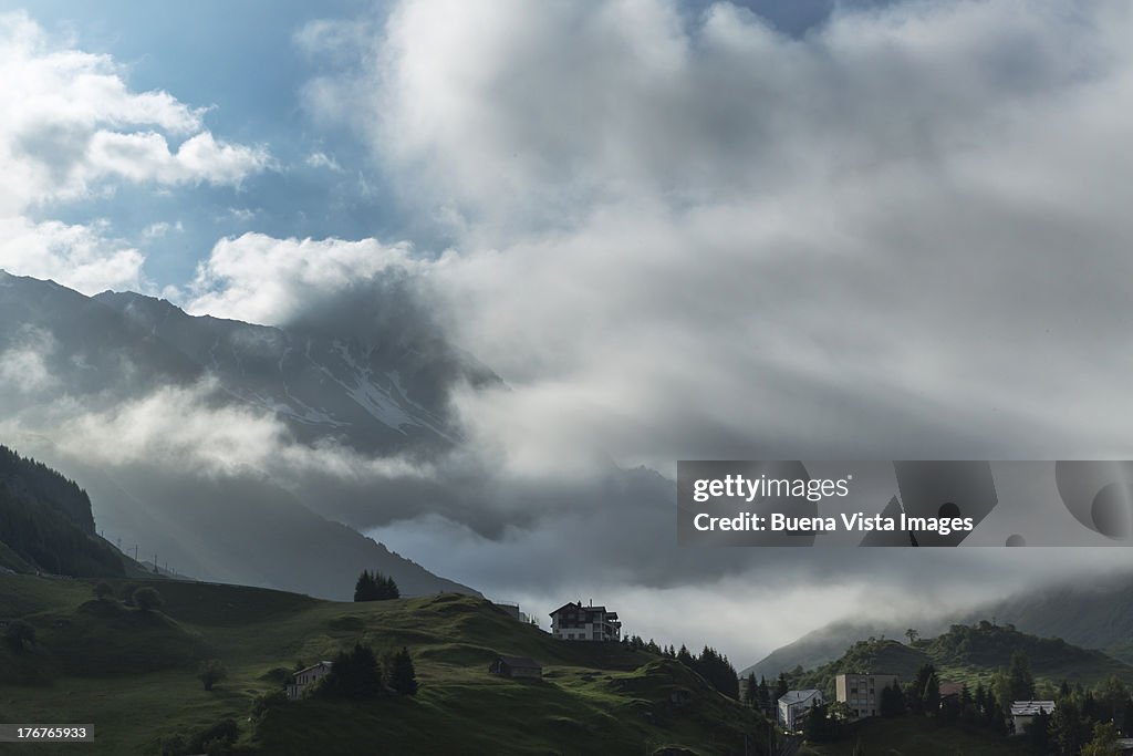Storm approaching a mountain village