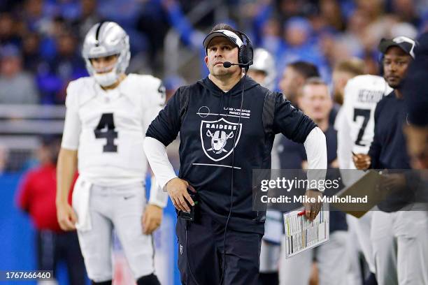 Head coach Josh McDaniels of the Las Vegas Raiders looks on in the second half of a game against the Detroit Lions at Ford Field on October 30, 2023...