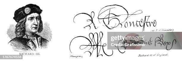 stockillustraties, clipart, cartoons en iconen met richard iii king of england portrait with handwritten text and signature - rond de 15e eeuw